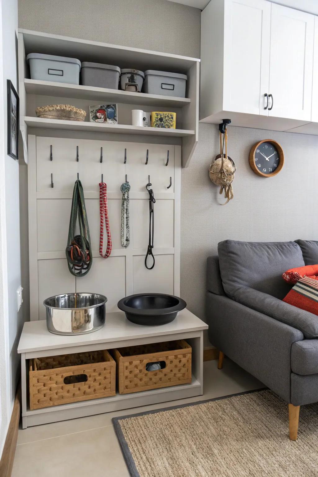 Effective elevated storage fixtures for pet necessities.