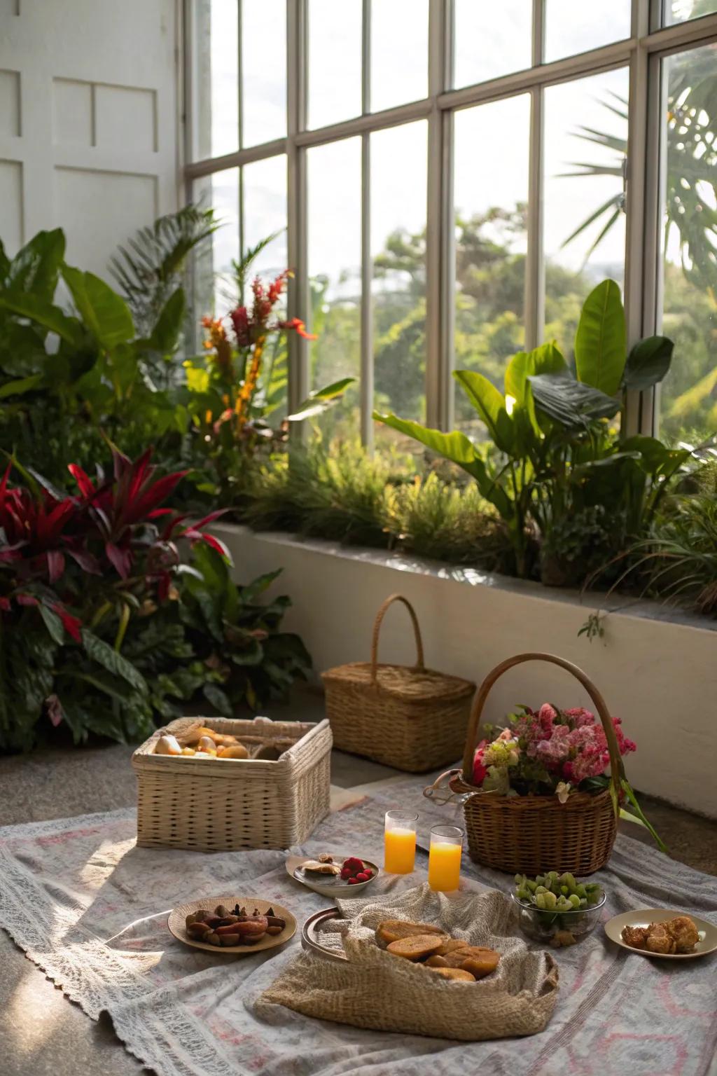 A scenic window view with house plants improves the picnic experience.