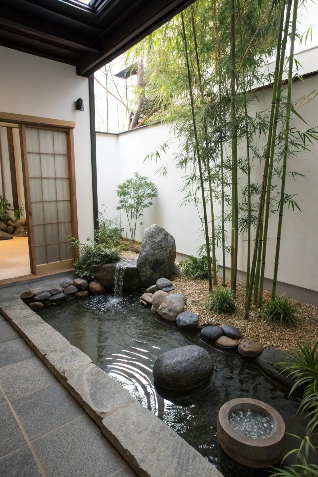 A Zen reflection water garden invites serenity into indoor spaces.
