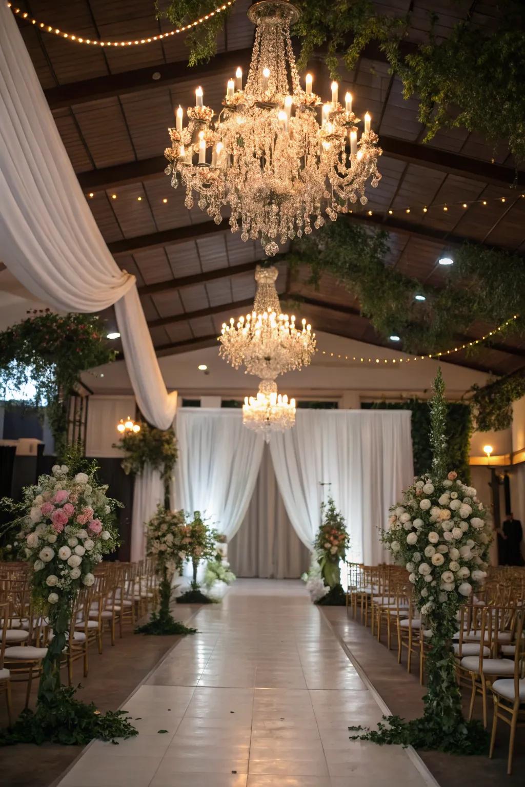 Chandeliers add a sophisticated touch to wedding decorations.