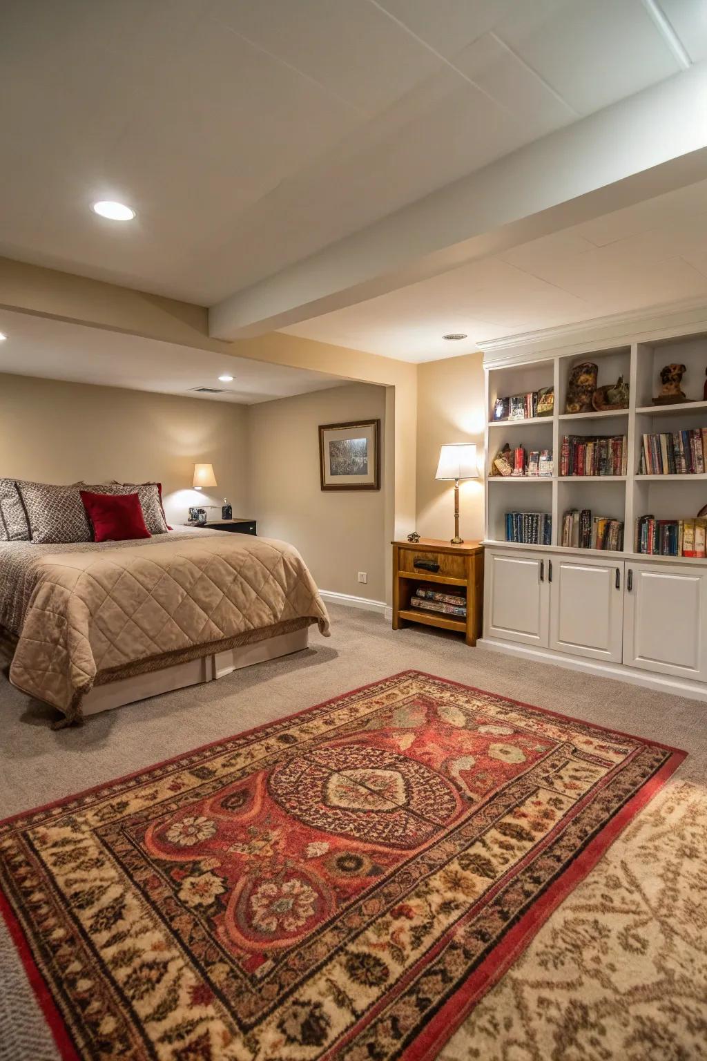 Rugs add warmth and establish different zones.