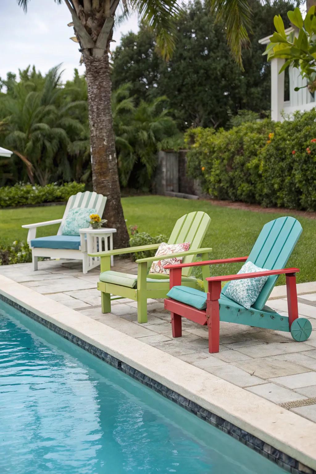 Repurposed furniture provides affordable poolside comfort.