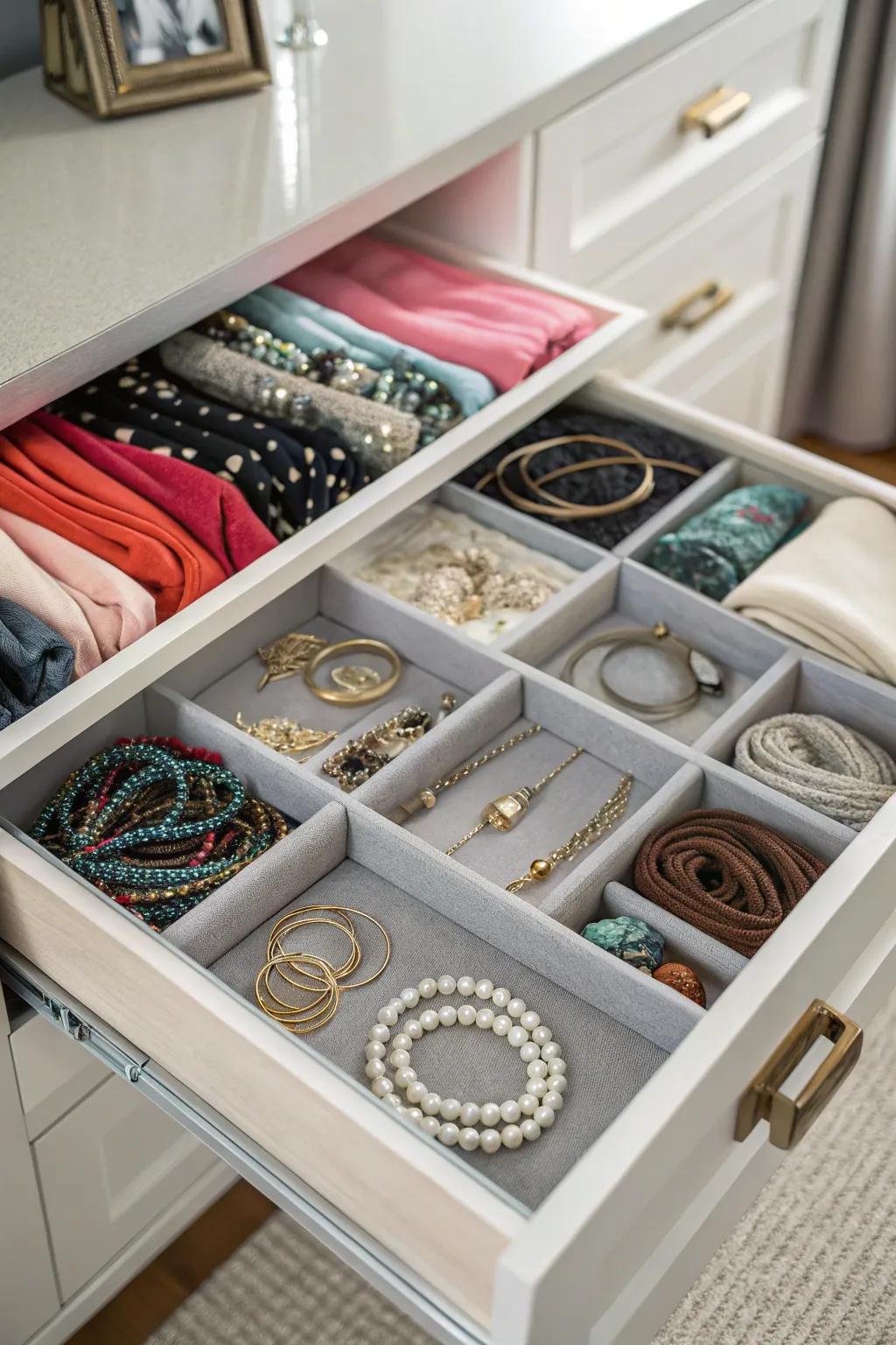 Maintain orderly accessories with a thoughtfully designed drawer system.