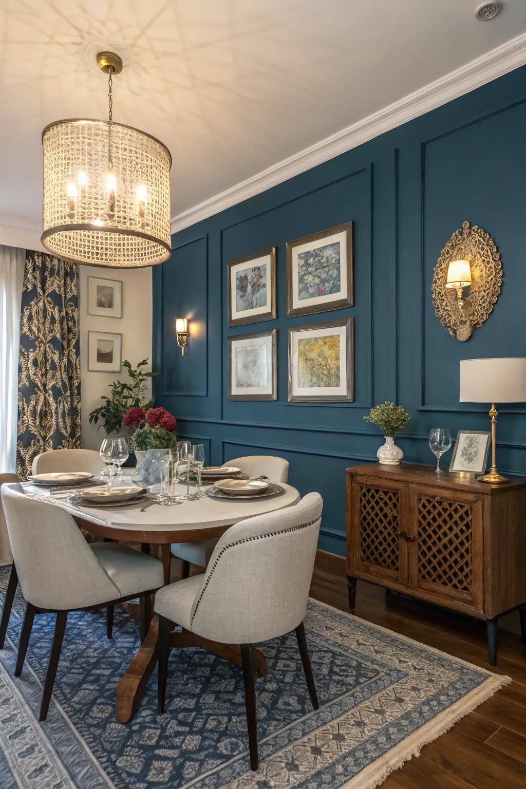 The navy statement wall adds a dramatic touch to the dining setting.