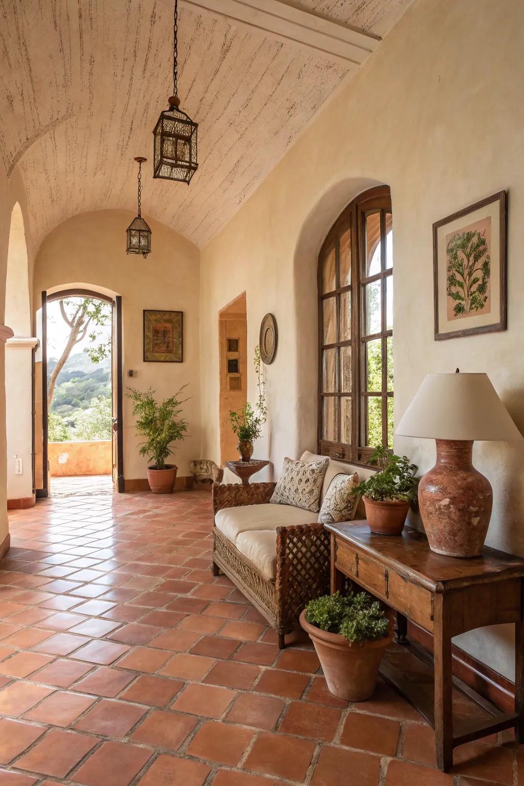 Earthy shades fashion a warm and inviting ambiance suggestive of the Mediterranean.