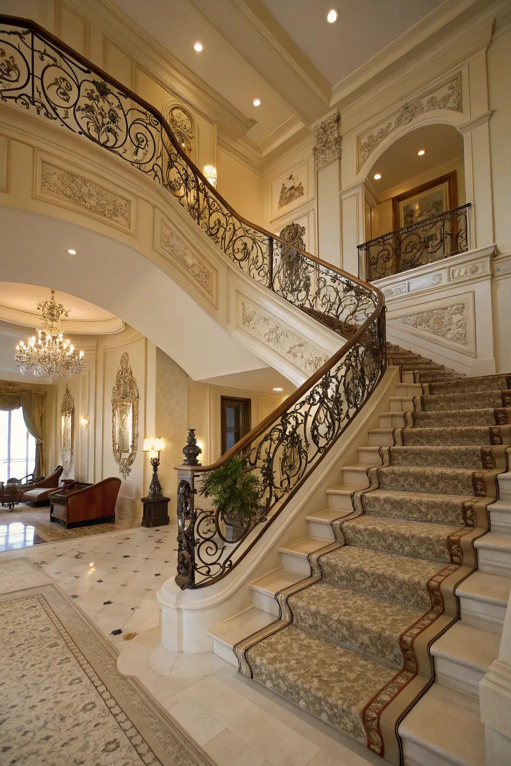 A majestic staircase accentuated with intricate decorative trim and moldings.