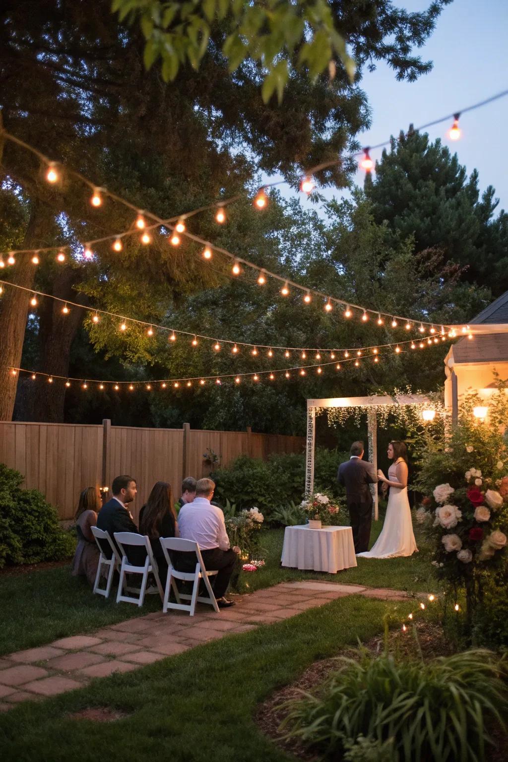 Fairy lights create a cozy glow at a backyard wedding.