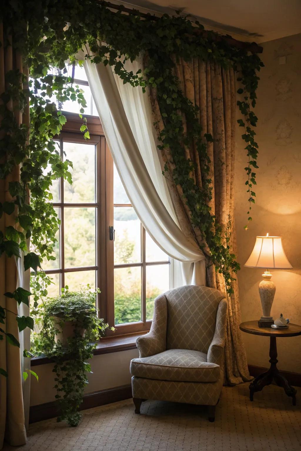 Elegant ivy drapery framing a window, creating a natural and soft look.