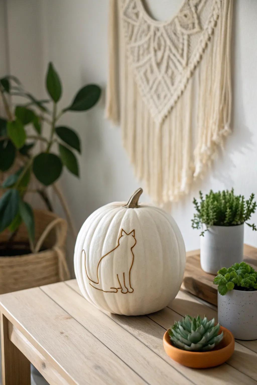 Impeccably carved: A minimalist feline shape jack-o'-lantern for a snug, elegant Halloween.