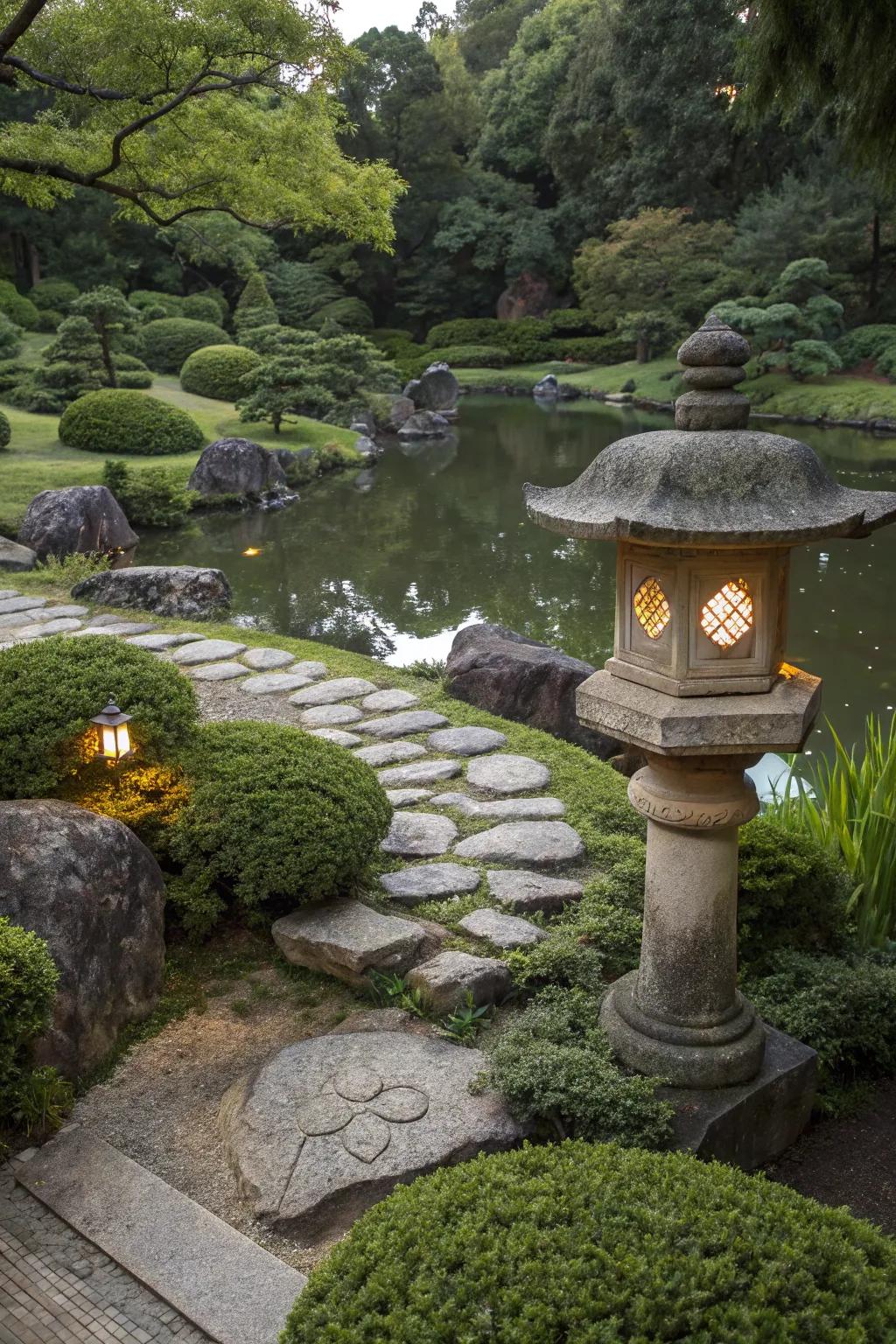 A traditional stone torch enriching the garden's elegance.
