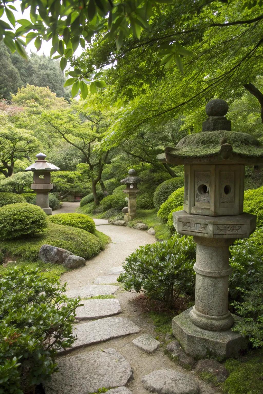 Classic stone lanterns amid greenery in a Japanese garden.