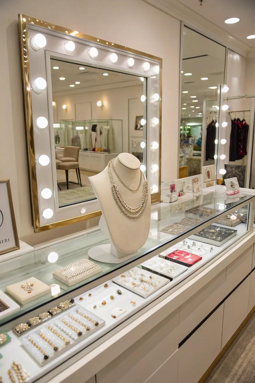 An interactive display with mirrors promotes customer interaction.