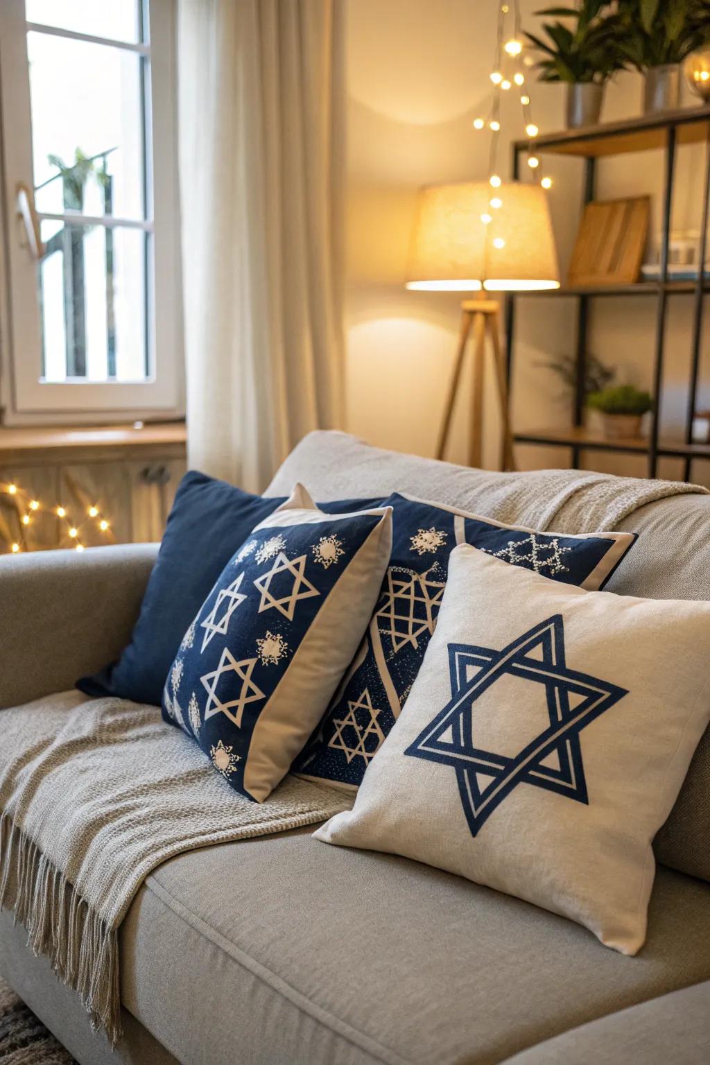 Comfortable accent pillows bringing heritage to a modern sofa.