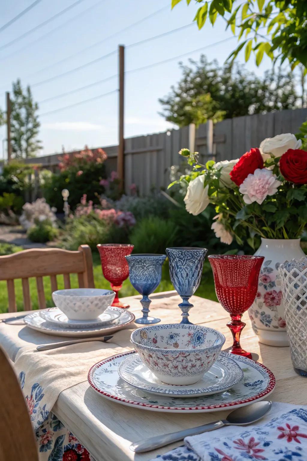A royal table arrangement showcasing red, white, and blue glassware.