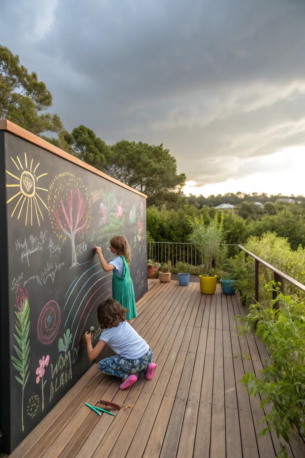 An outdoor deck showcasing a large writing board where children are drawing with colored crayons.