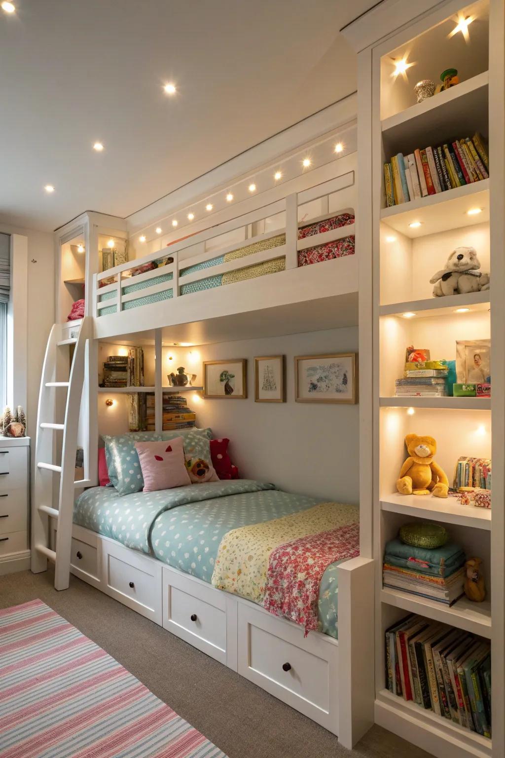 Tiered beds effectively utilize space in shared kids' rooms.