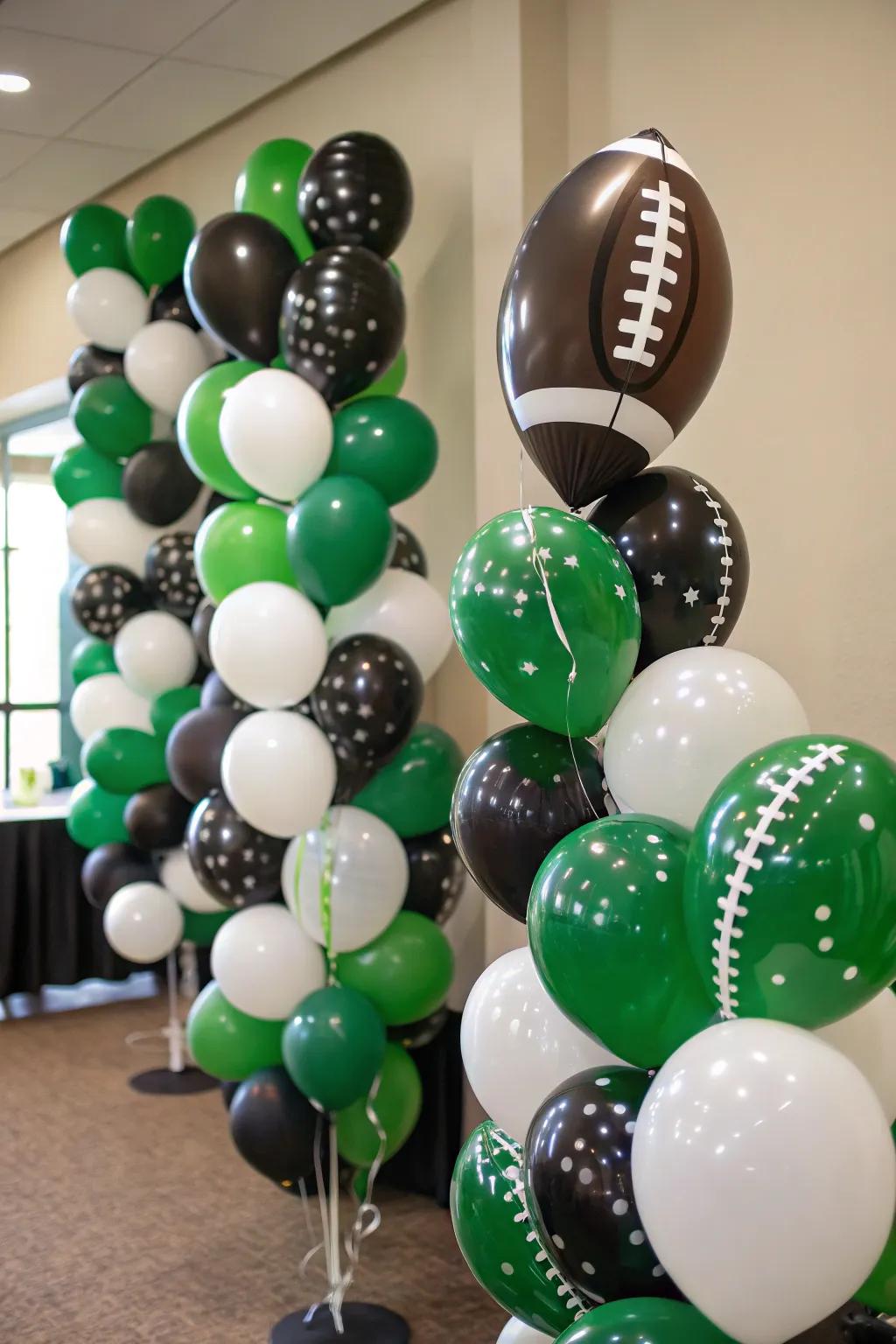 Football-inspired balloons bringing a joyful environment.