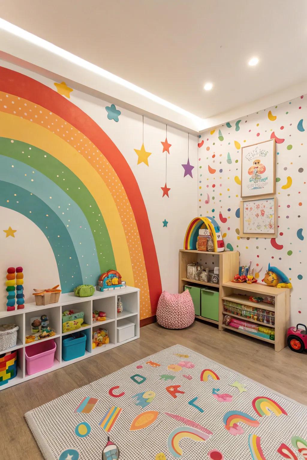 A vibrant playroom featuring rainbow-colored wall covering, perfect for igniting joy and creativity.