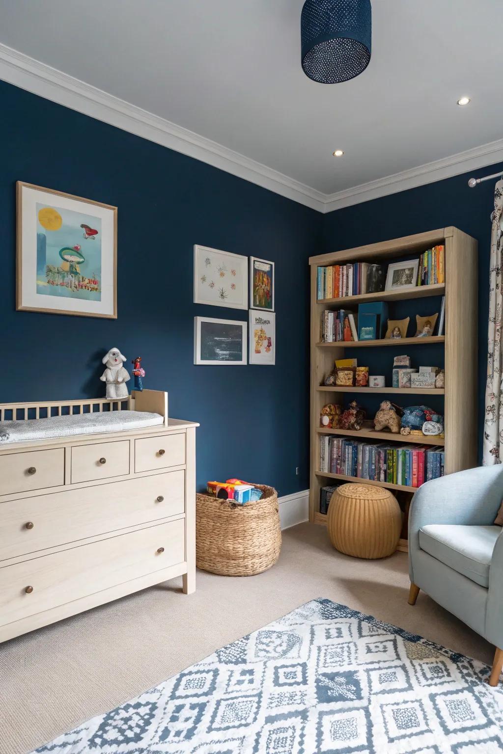 Deep blue walls matched with light furniture produce a timeless contrast.