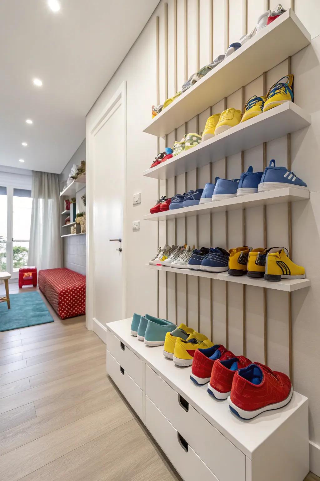 Get creative with shoe display using wall-mounted shelves.