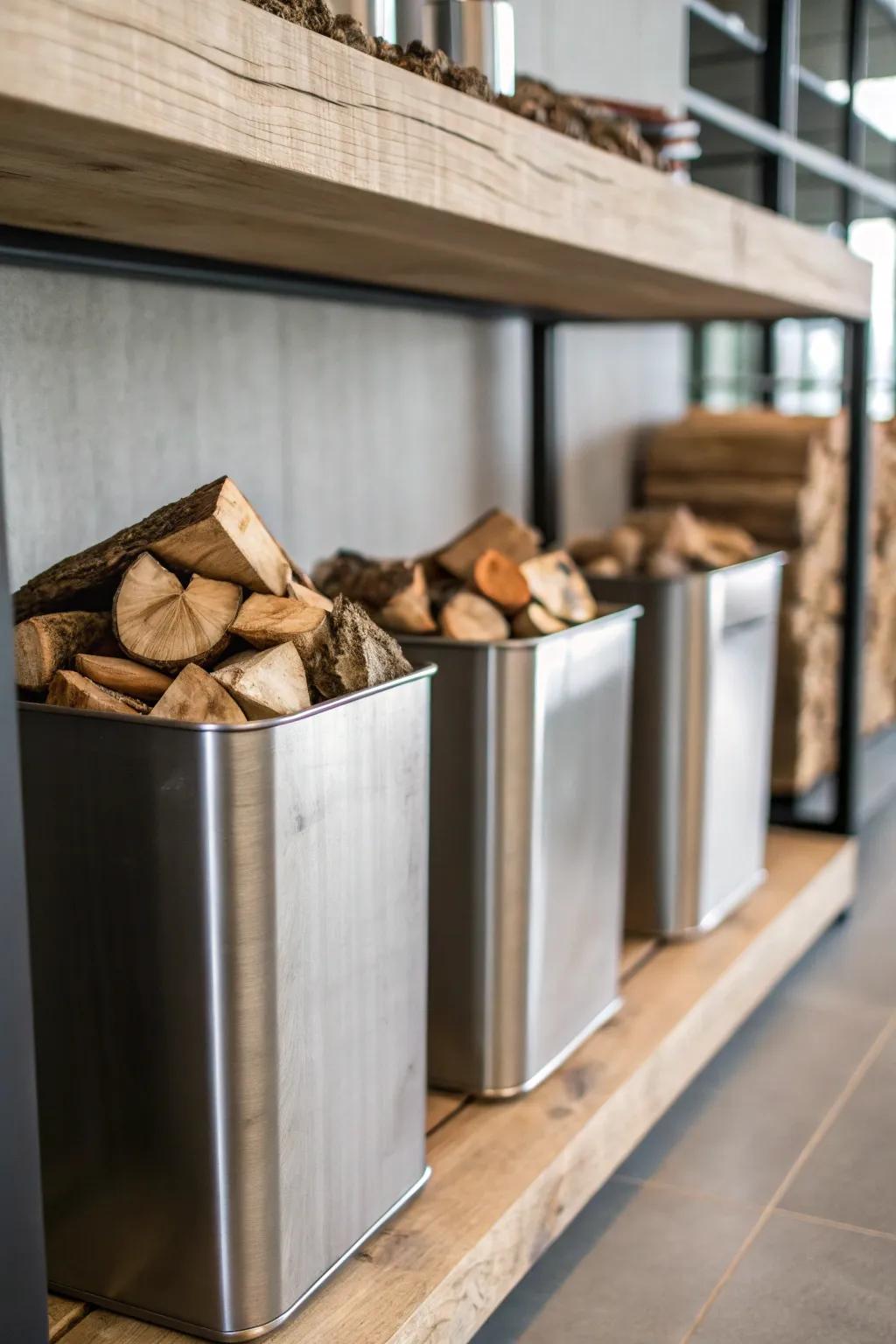 Metal bins provide a clean and contemporary kindling storage solution.