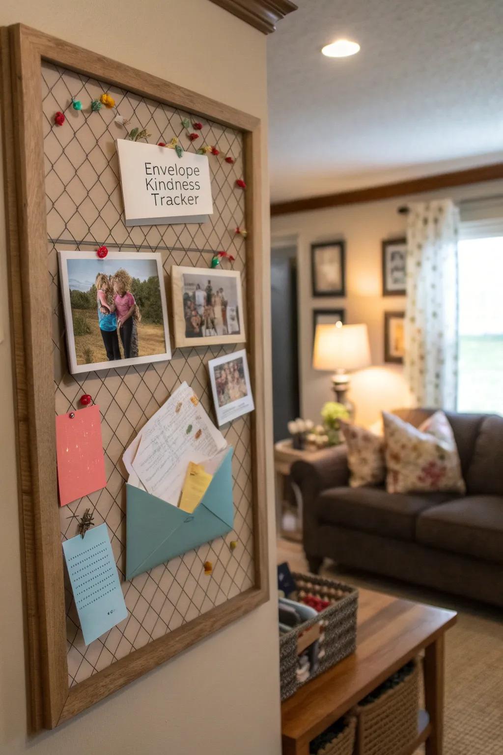 A family area displays a good deeds monitor featuring pouches for exchanging kind acts and messages.