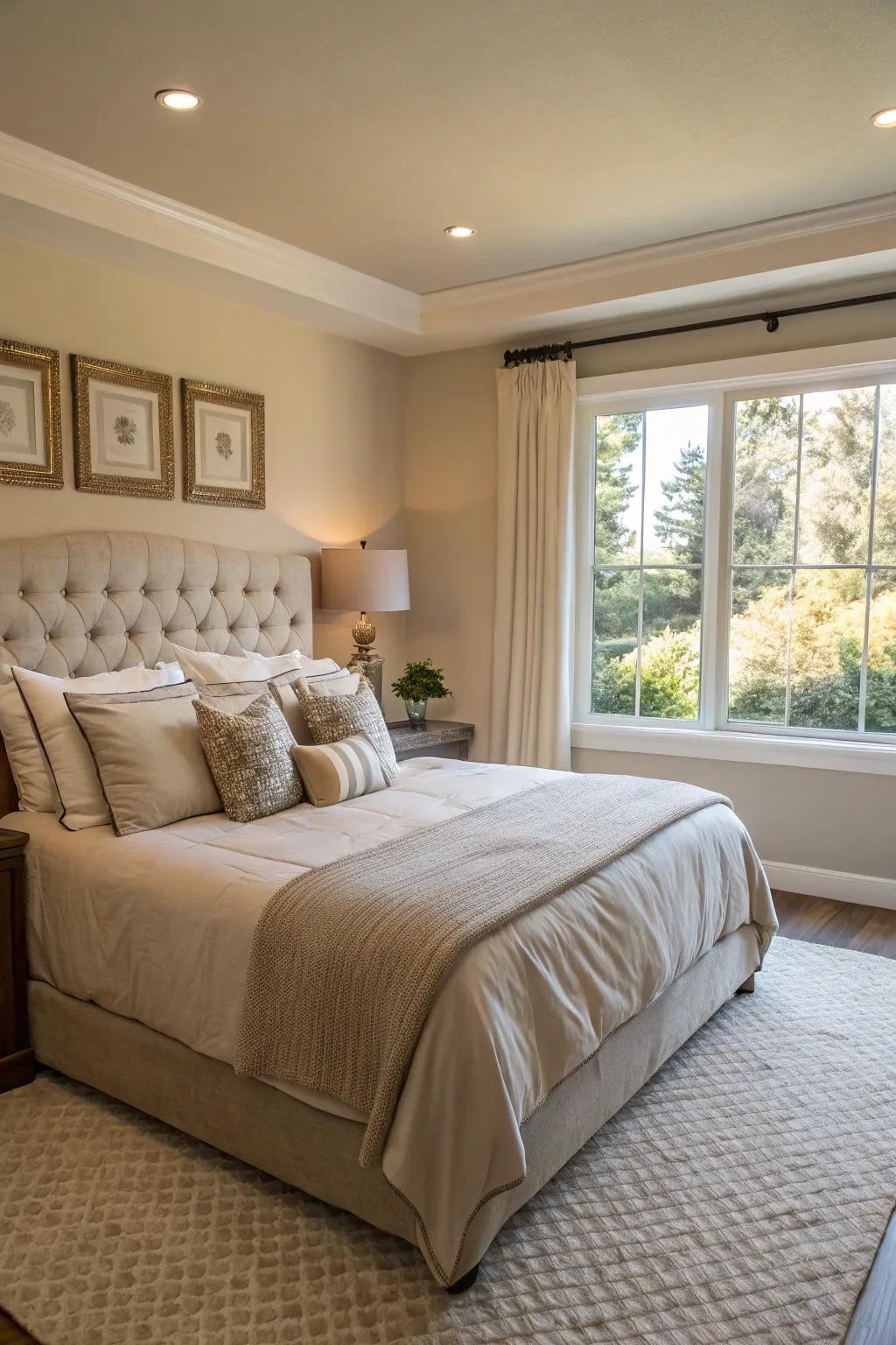 Neutral hues lend a sense of tranquility and refinement to this king-sized bed.