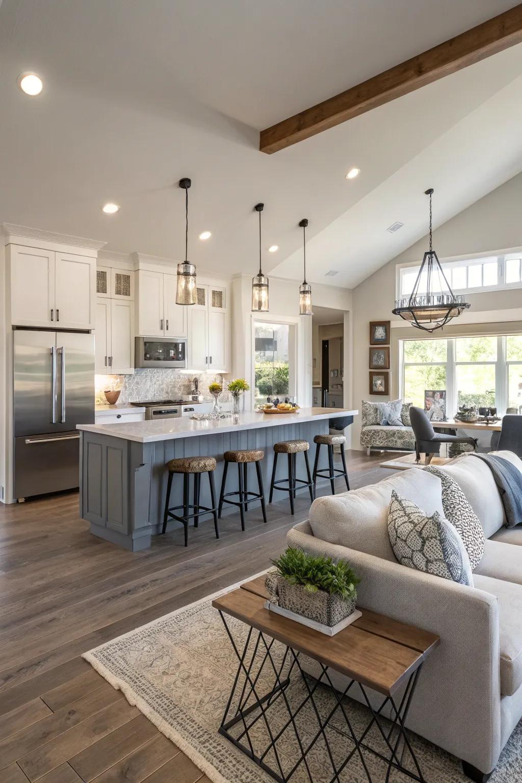 A unified open-concept layout promoting seamless flow between cooking and relaxing.