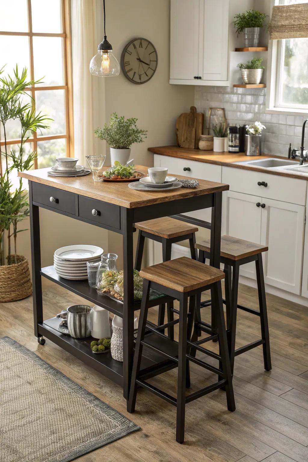 Multi-purpose furniture maximizes utility in smaller kitchens.