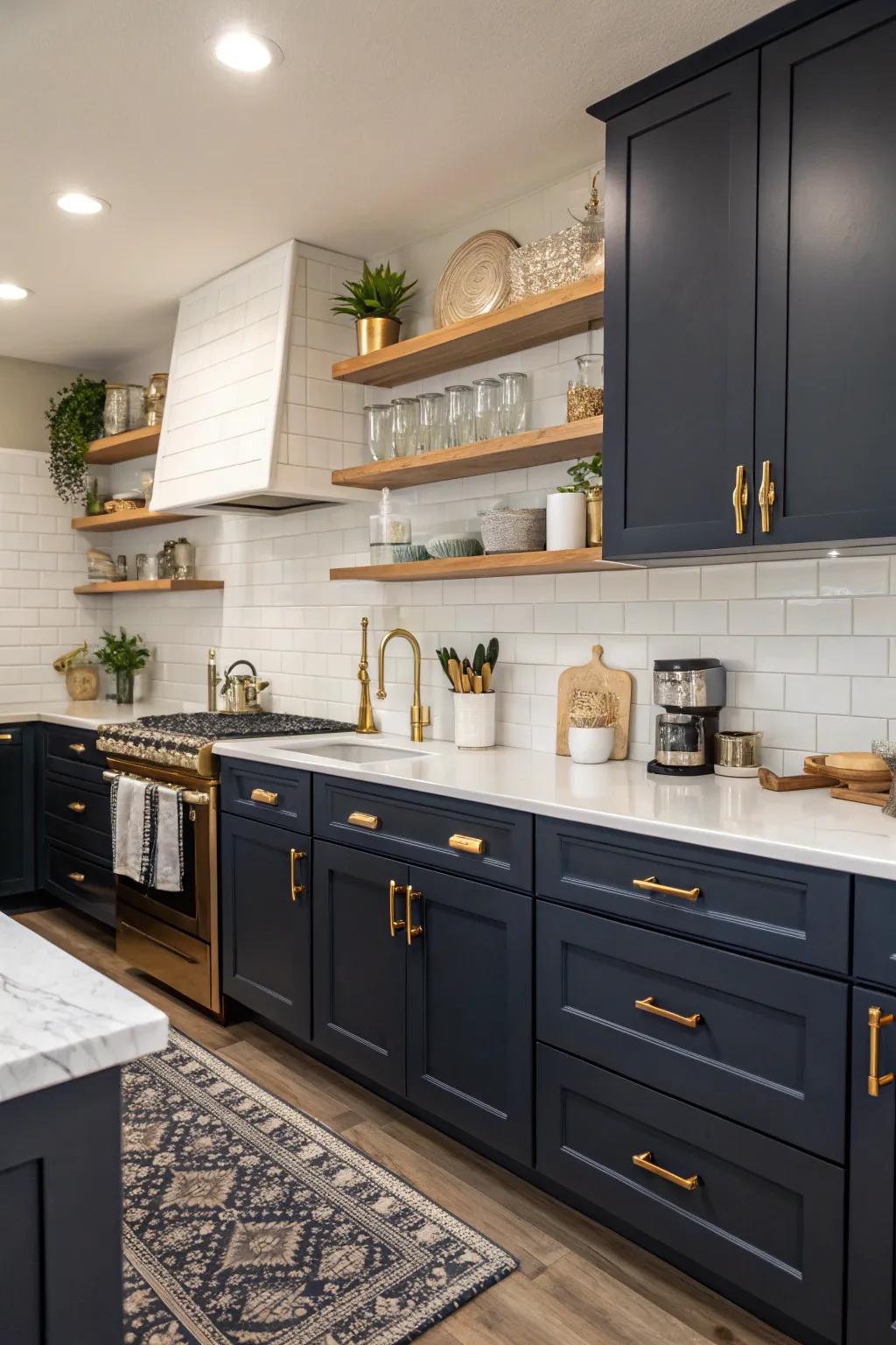Navy blue cabinets fashion a striking, sophisticated appearance.