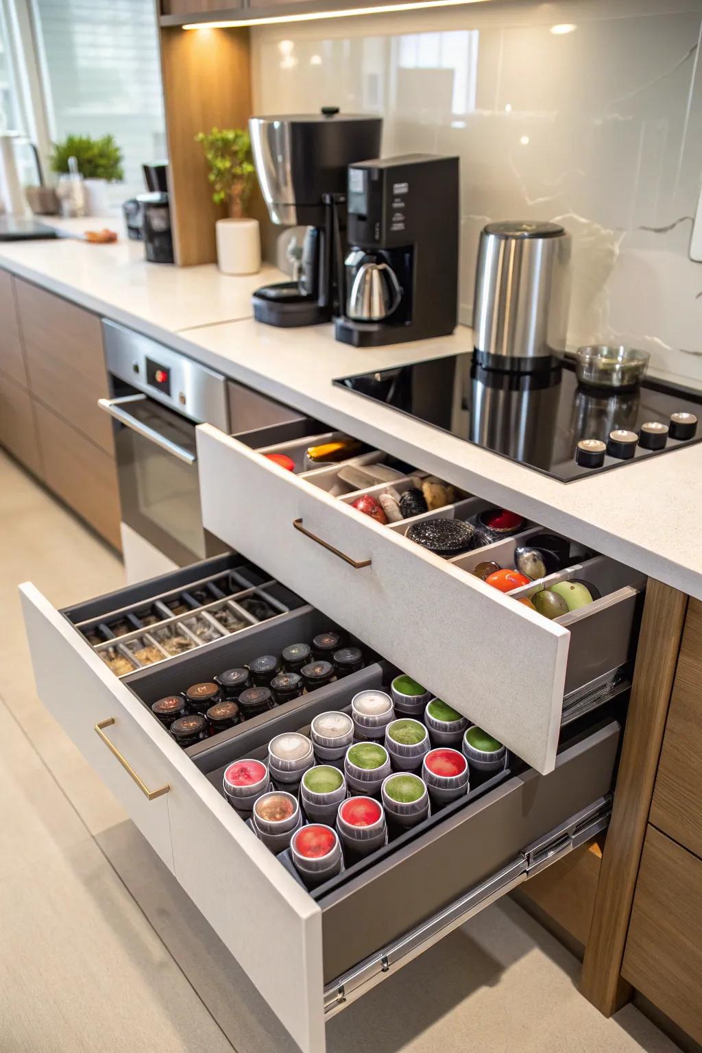 Slide-out storage designed for optimal coffee accessory organization.