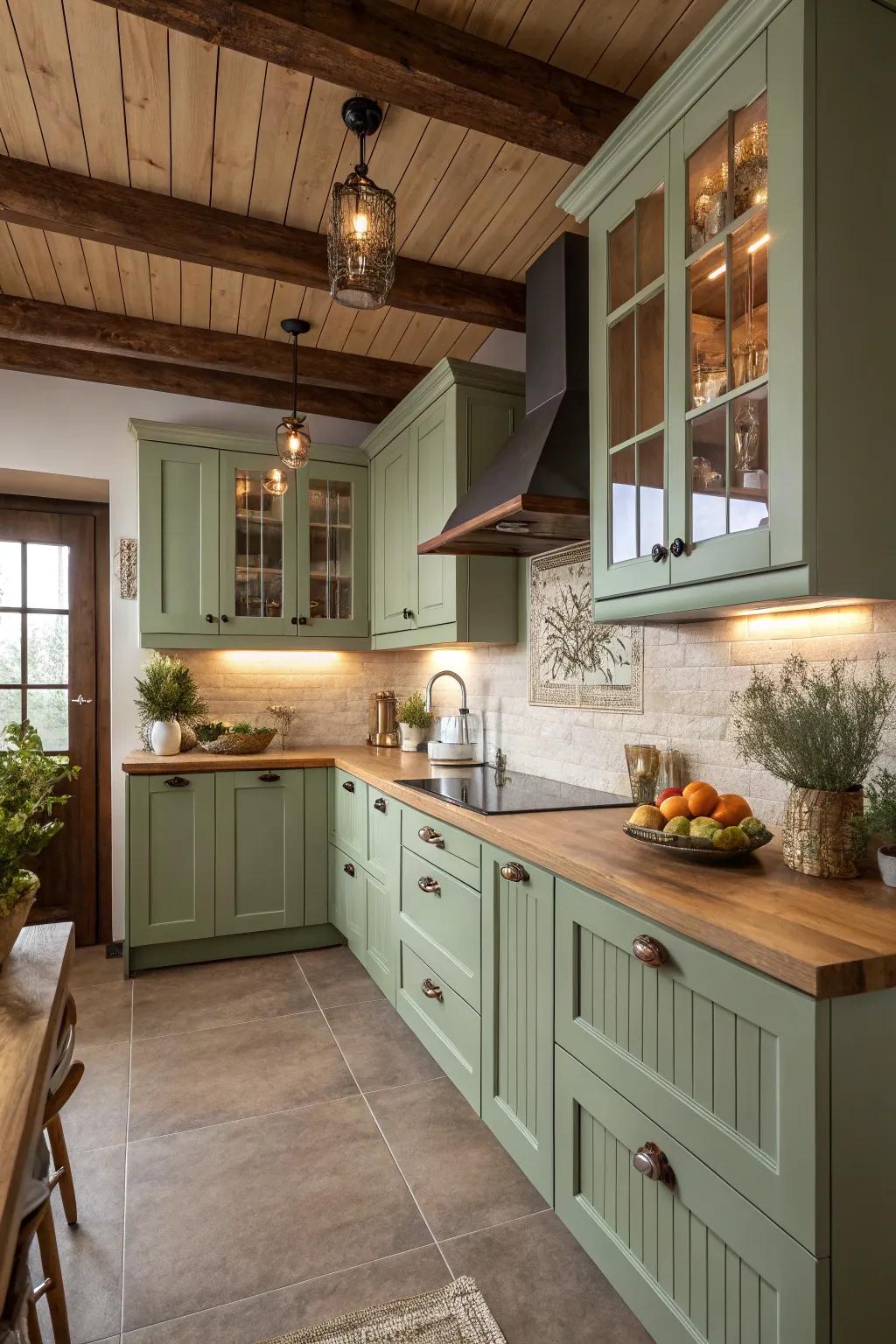 Grey-green shades evoke a natural and soothing vibe within the kitchen space.