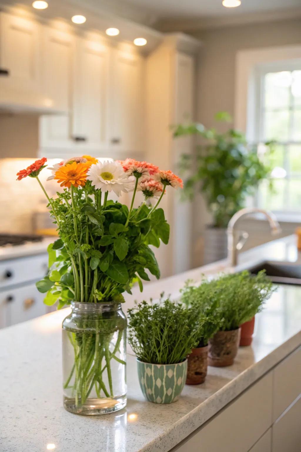 Foliage and blooms enlivening the kitchen.