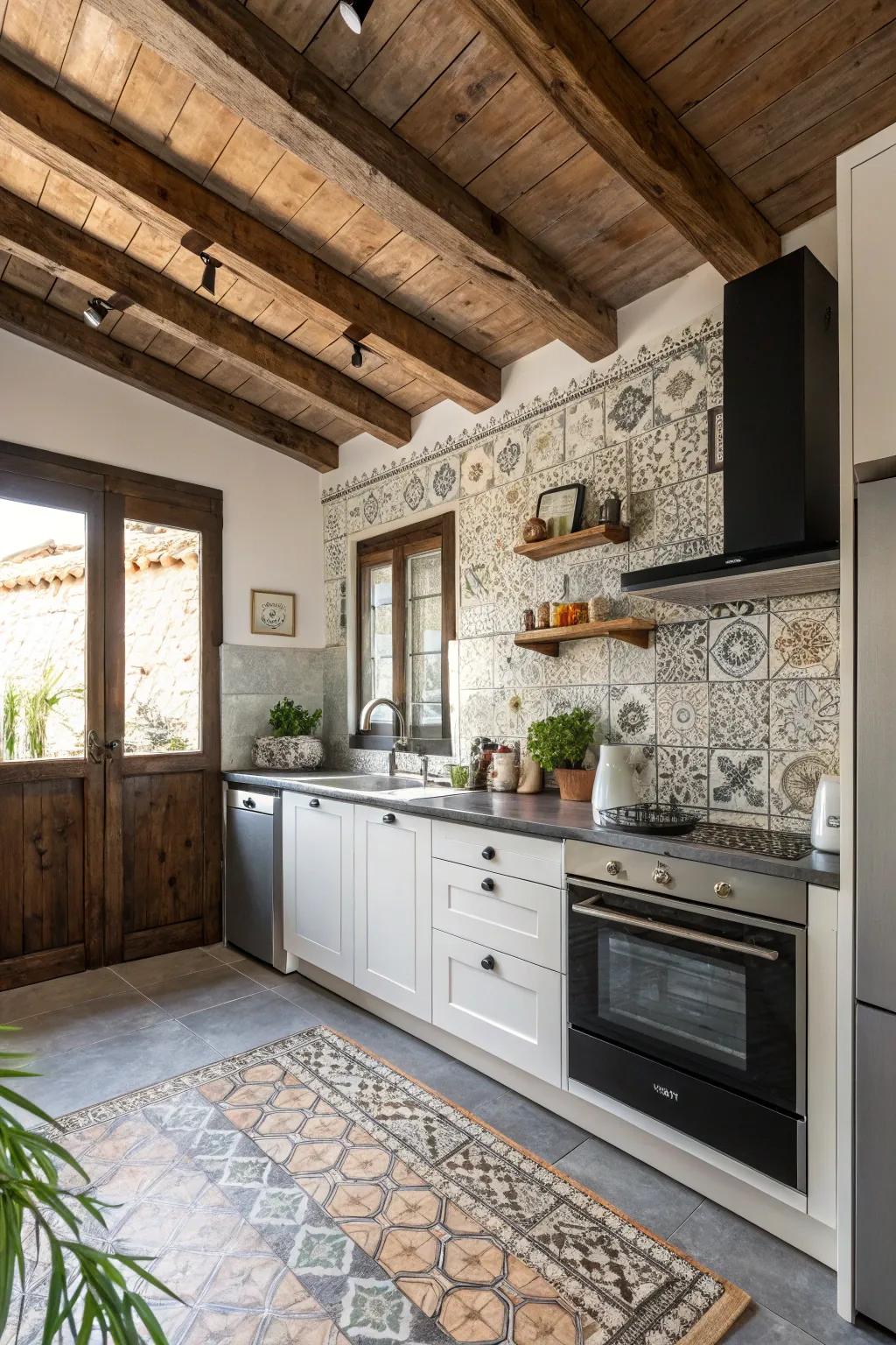 A fusion of contemporary and traditional styles generates a classic kitchen atmosphere.