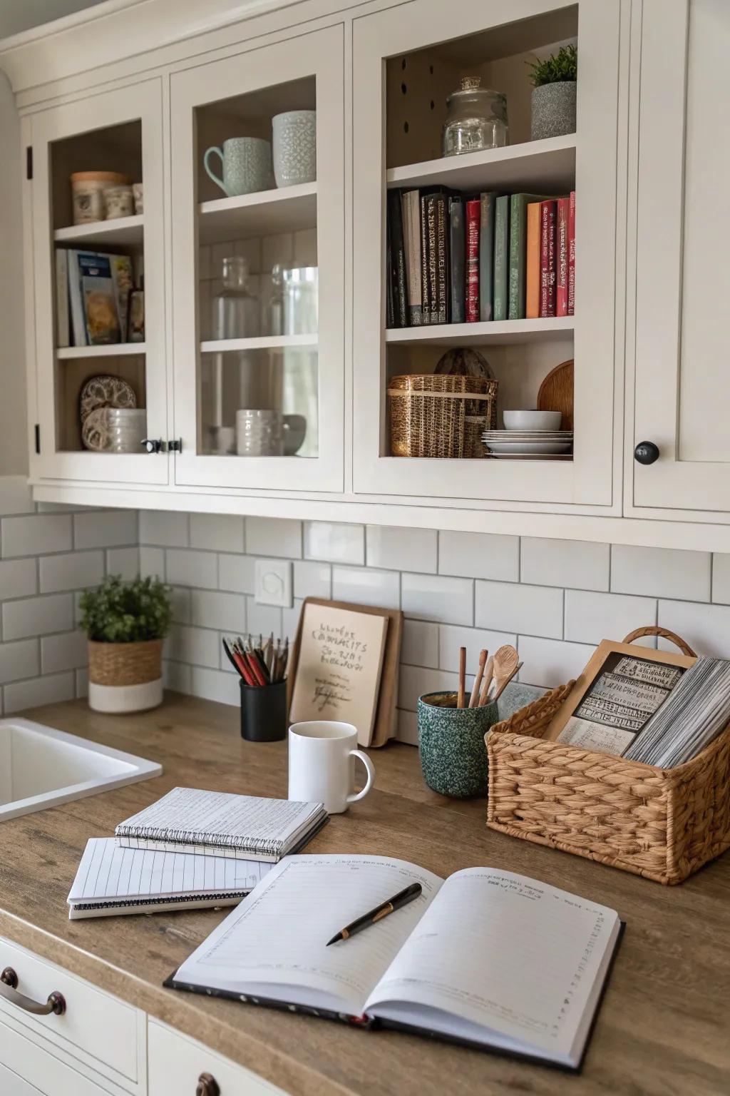 A kitchen desk showcasing clever storage solutions featuring exposed shelves and tidy cabinets.