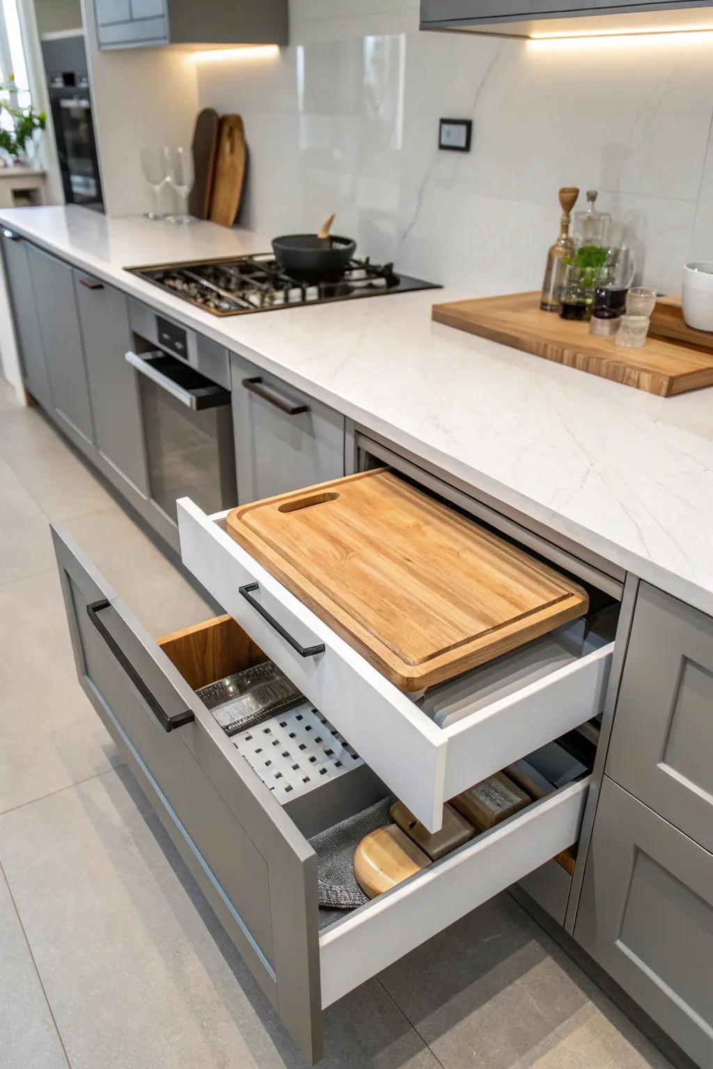 Pull-out cutting boards offer convenience while saving valuable counter space.