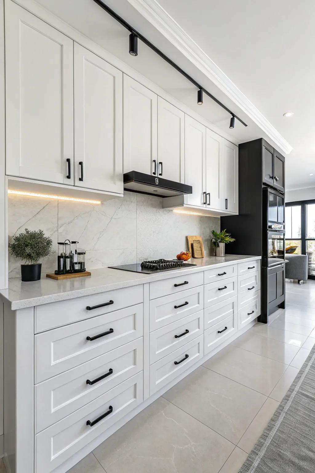 A modern kitchen showcasing a striking comparison using matte charcoal hardware.