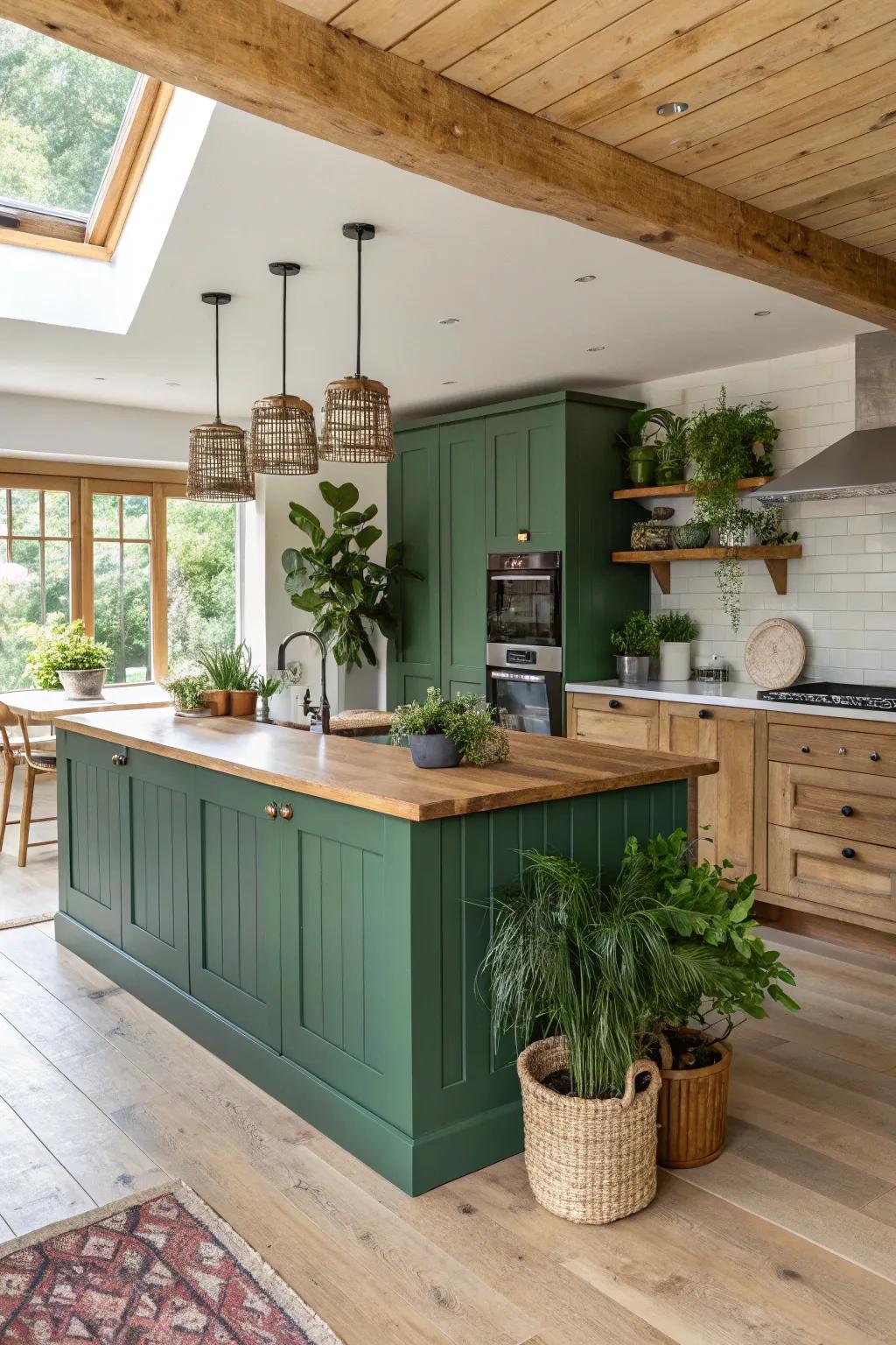 A woodland verdant kitchen island blends harmoniously with elements of nature, creating a serene atmosphere.