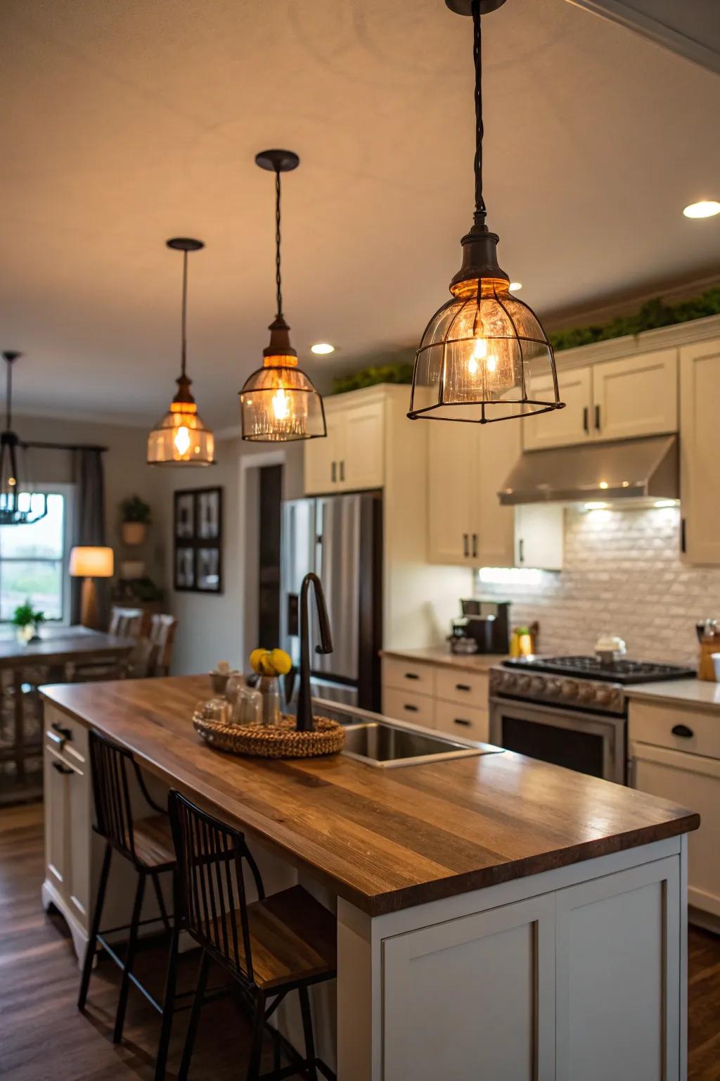 Pendant lights amplify the mood around the kitchen island.