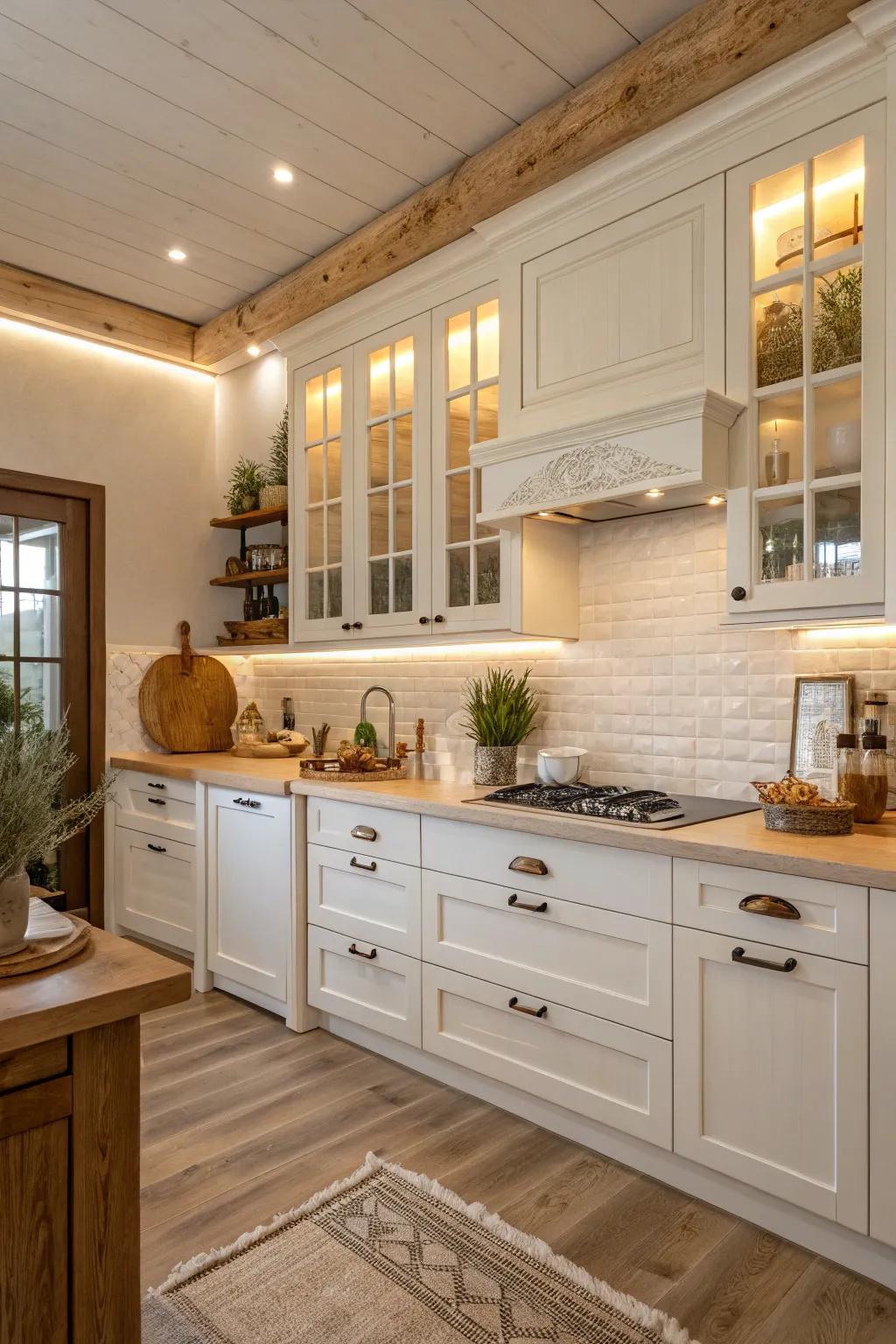 A kitchen using a neutral and warm color scheme.