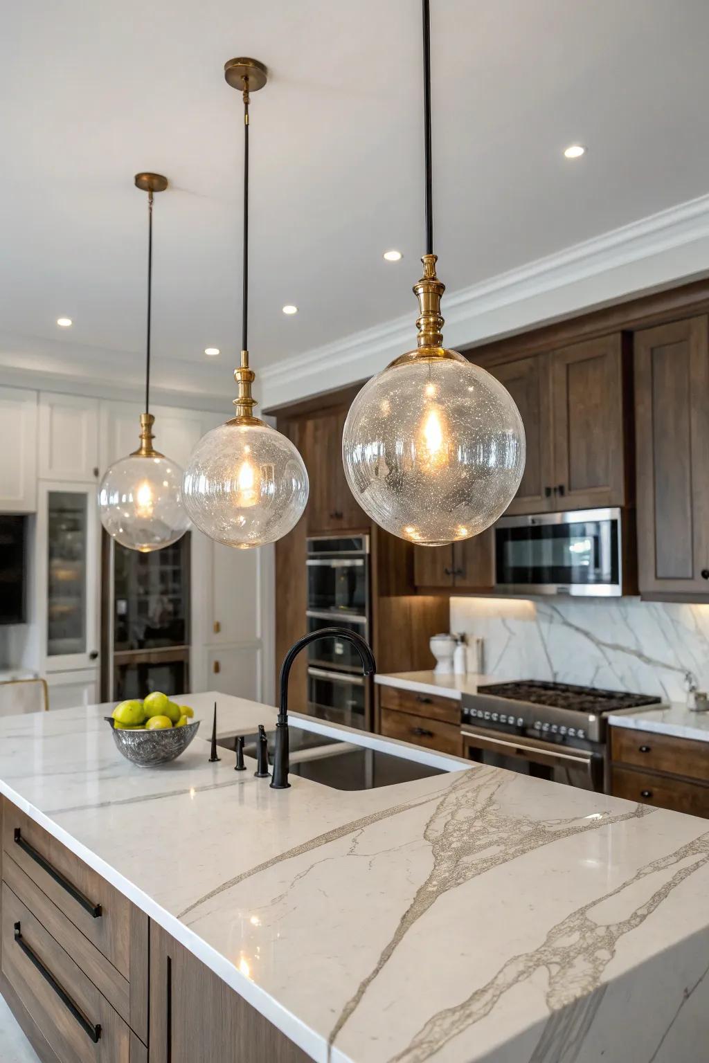 Glass pendants create a breathtaking focal point.