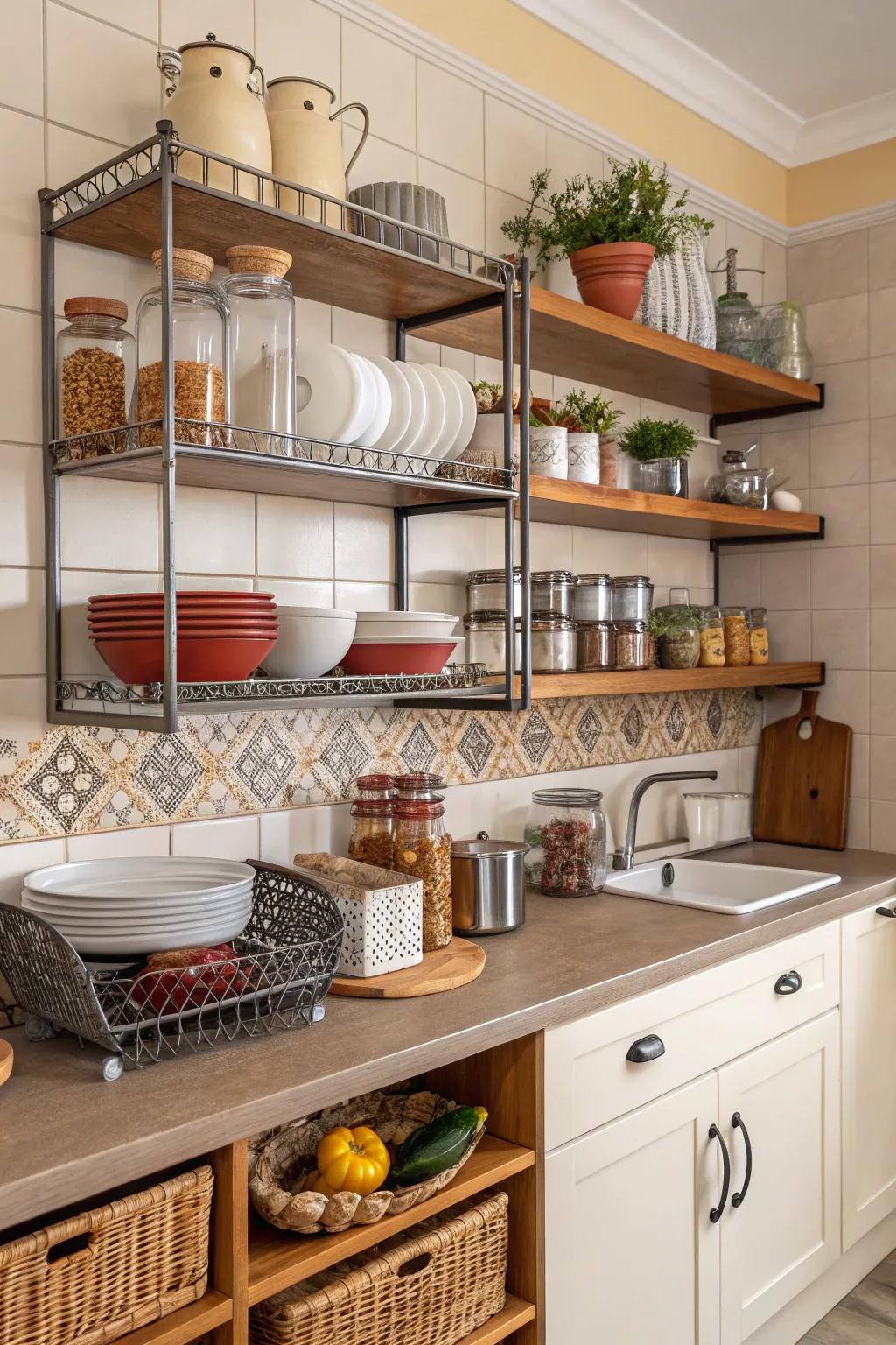 Practical storage solutions keep your kitchen tidy while adding a hint of character.