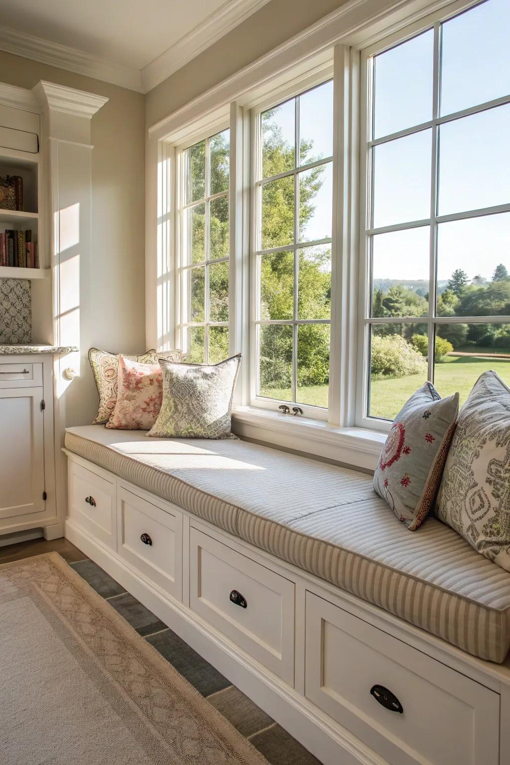 Window seats provide a sunny retreat with extra storage.