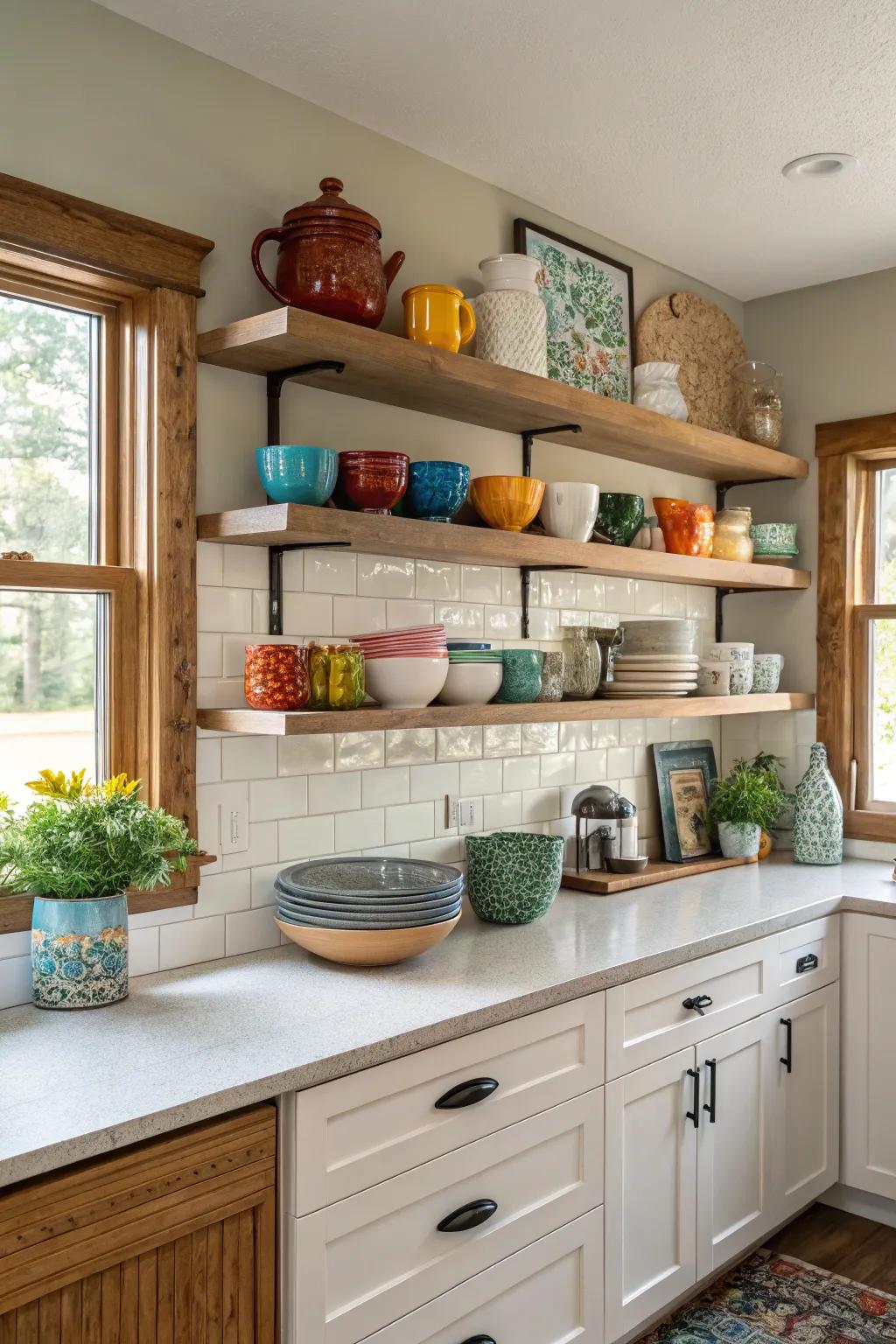 Stylish display shelving in the soffit showcasing attractive kitchenware.