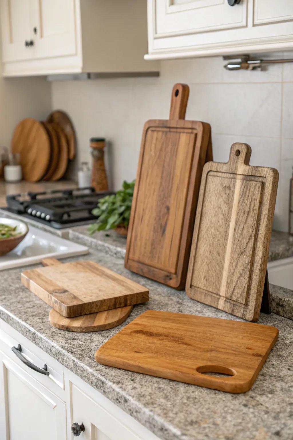 Organic components such as wood and stone establish a warm, inviting kitchen ambiance.