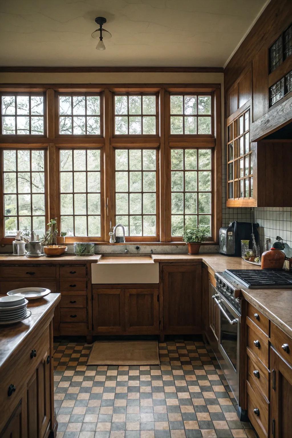 A traditional kitchen is adorned with elegant lattice-style windows.