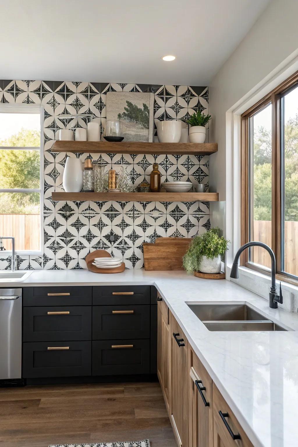 A shaped backsplash adds a dramatic touch to floating racks.