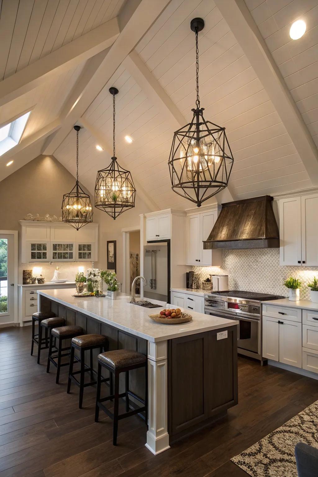 Sophisticated hanging lights establish a fashionable point of focus in this modern kitchen with a vaulted ceiling.