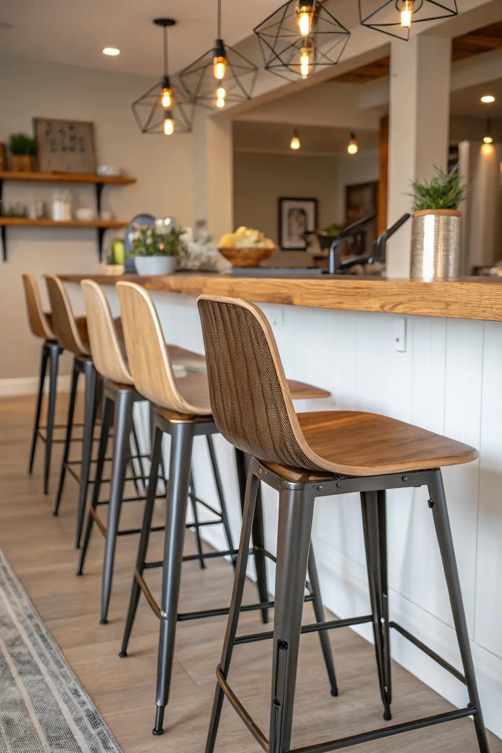 Mixed-material bar seats enhancing the style of a breakfast bar.