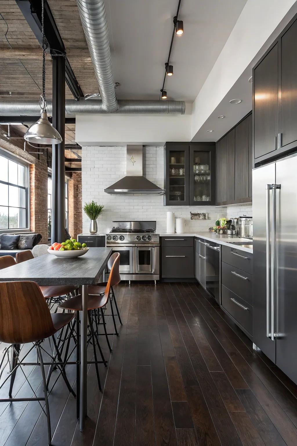 This kitchen pairs stainless steel appliances and metal accents with dark floors for an industrial vibe.